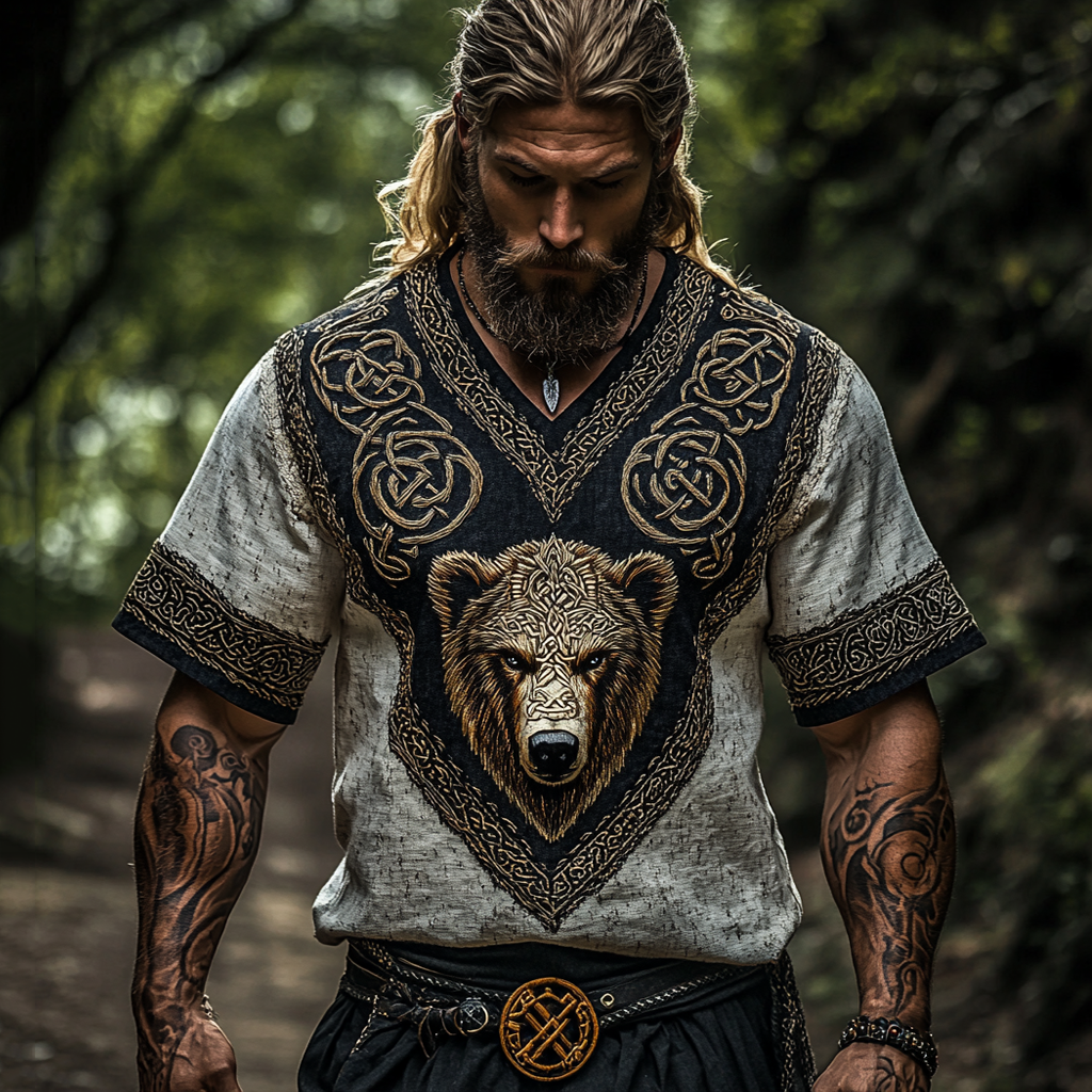 Nordic Viking Mythology Bear Head Celtic Totem V-neck T-shirt elevenforest