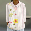 Comstylish Women's Vintage Flower Art Print Casual Cotton And Linen 3/4 Sleeve Shirt
