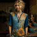 Starry Sky Iris Sunflower Gradient Oil Painting V-neck Shirt elevenforest