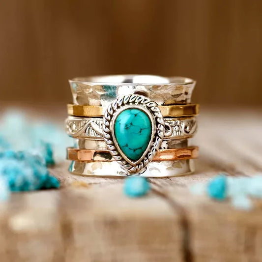 Turquoise Inlaid Stone Gold & Silver Ring