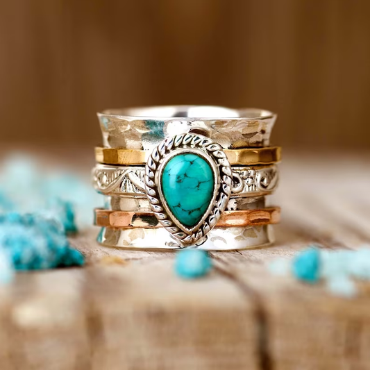 Turquoise Inlaid Stone Gold & Silver Ring