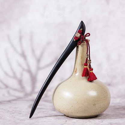 Ebony Hairpin With Red String Tassel for Protection & Luck