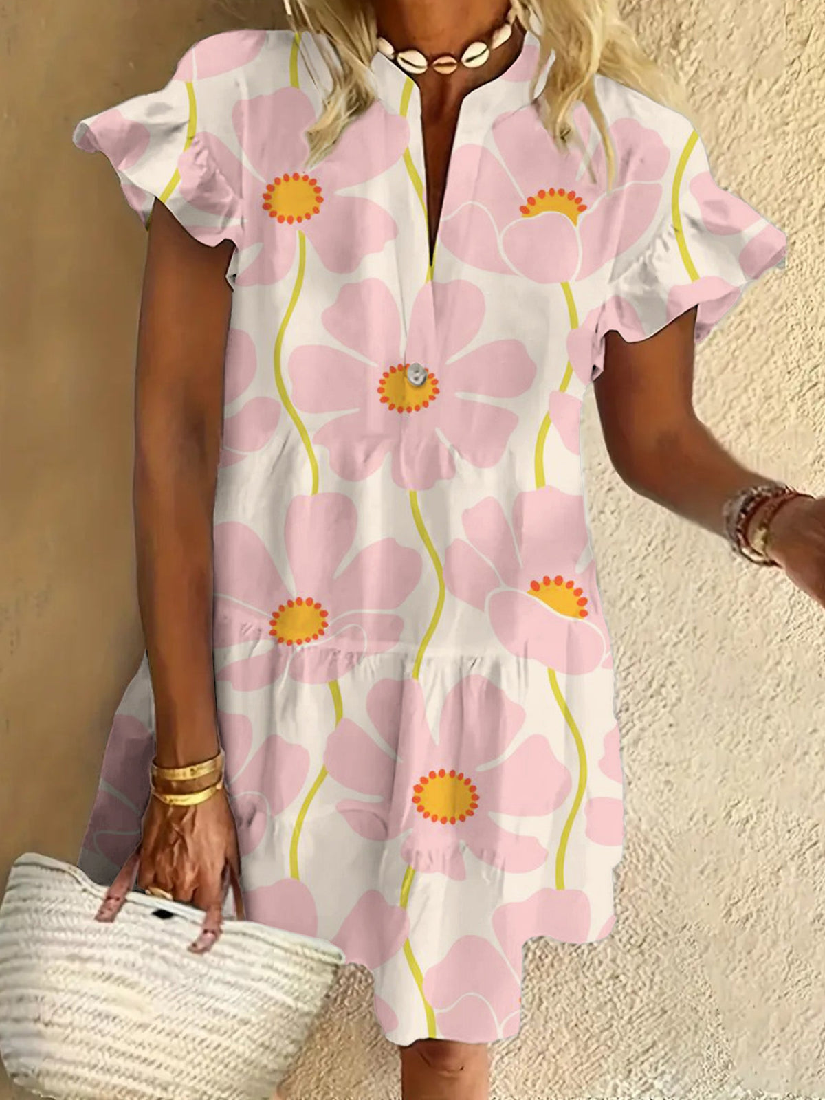 Flower Print Ruffled Short-sleeved V-neck Buttoned Dress Vacation Beach Dress