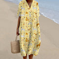 Comstylish Dog Art V-neck Linen Short Sleeves Midi Dress