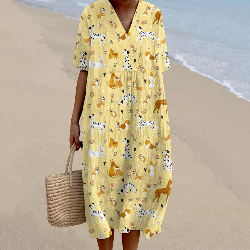 Dog Art  V-neck Linen Short Sleeves Midi Dress elevenforest