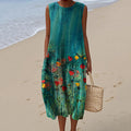Comstylish Women's Vintage Floral Art Pattern Print Sleeveless Cotton Wrap Dress