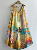 Women's Colorful Watercolor Dragonfly Art Print V-neck Pocket Cotton D