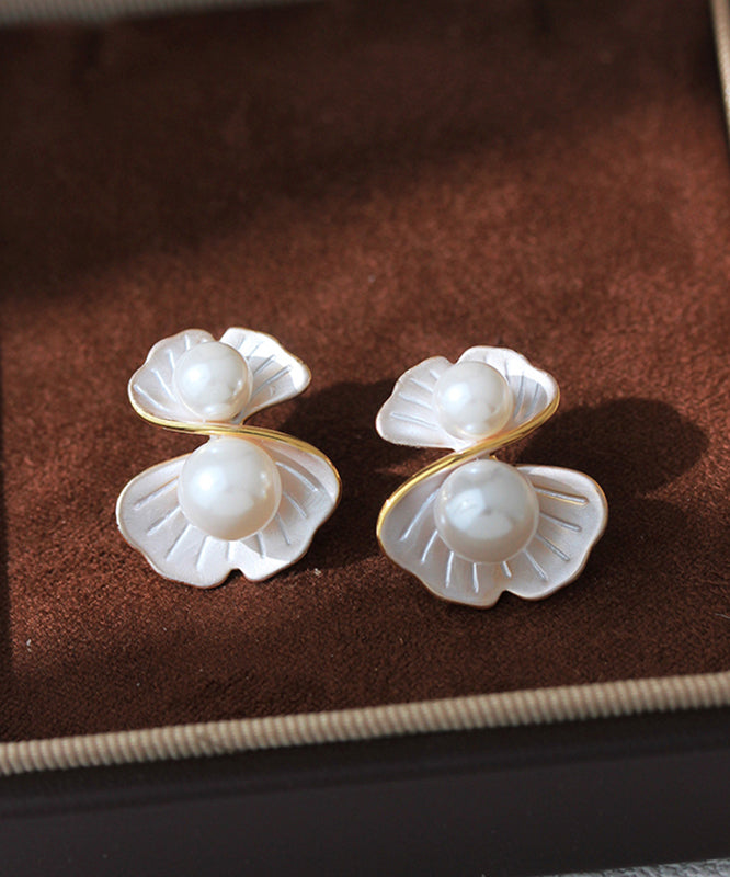 Diy White Copper Overgild Pearl Morning Glory Stud Earrings
