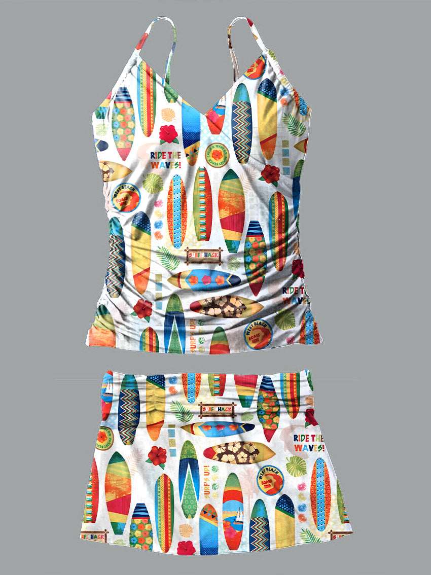 V-Neck Hawaii Vacation Multicolor Surfboard Pattern Print Suspender Skirt Tankini Pantskirt Set Swimsuit