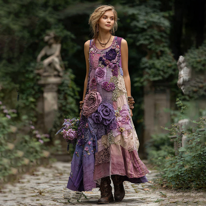 Classy Gradient Purple Lavender And Floral Embroidered Linen Maxi Dress elevenforest