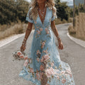 Women's Vintage Floral Embroidery V Neck Casual Midi Dress