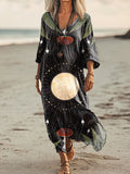 Women's Moon Botanical Mushroom Pattern Art Print Pocket Cotton Dress