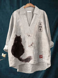 Japanese Art Cat Print Linen Shirt elevenforest