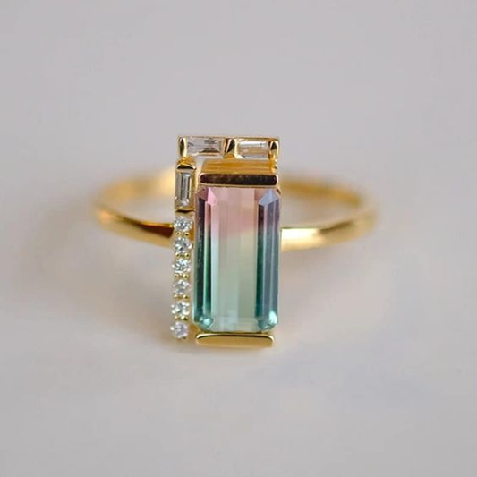 Rectangular Blue Glass Gold Ring