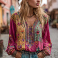 Women's Floral Embroidery Boho Colorblock Art Linen Blend V-neck Shirt elevenforest
