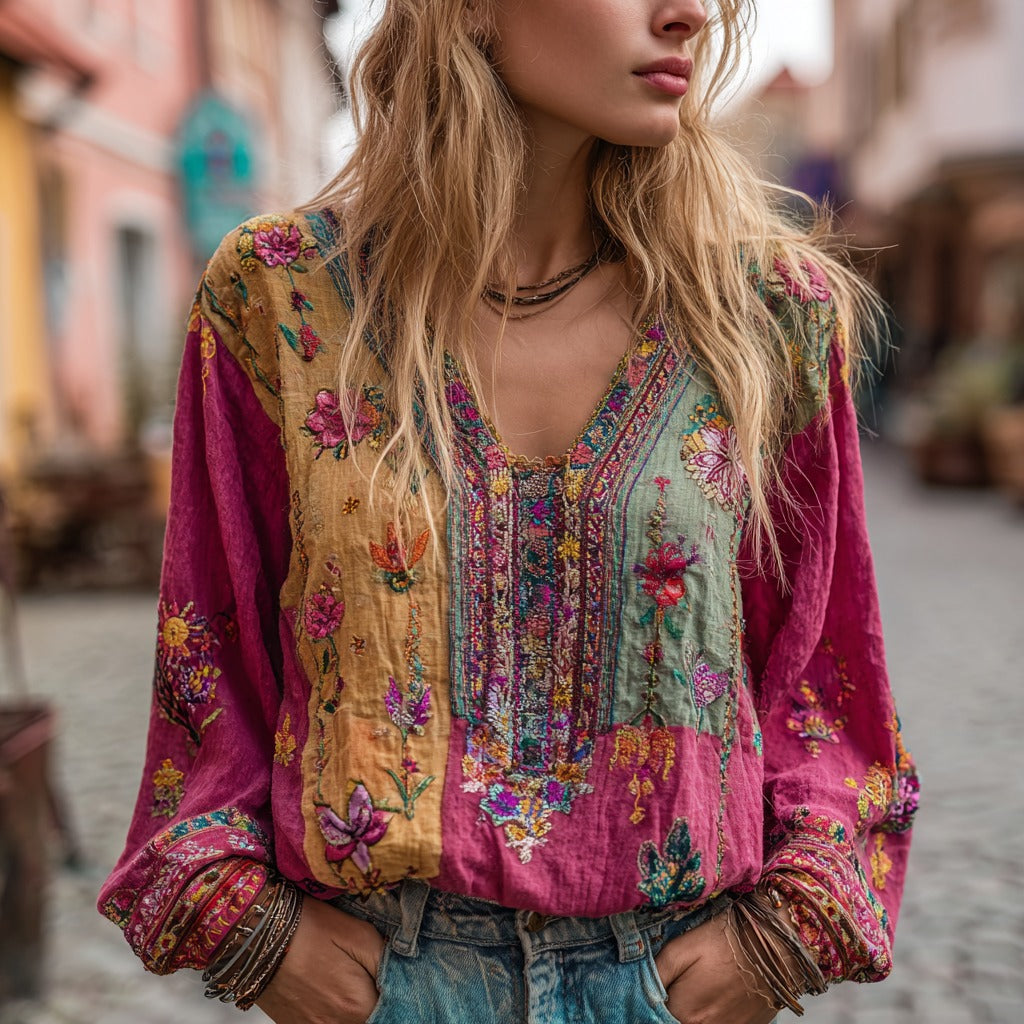 Women's Floral Embroidery Boho Colorblock Art Linen Blend V-neck Shirt elevenforest