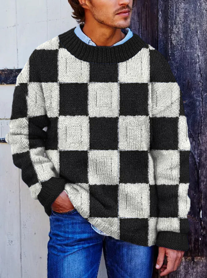 Vegan Mock Minimalist Knit Pullover Sustainable Plaid Patchwork Warmth Knitted Jacquard Unisex Sweater artswardrobe