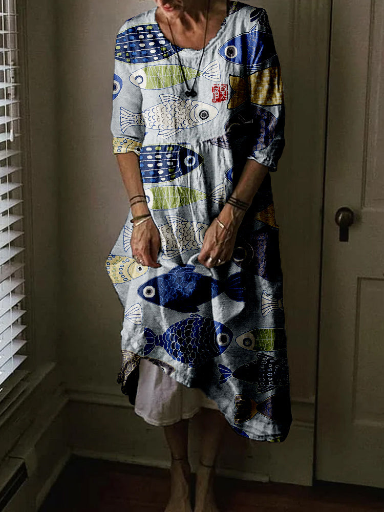 Vintage Fish Japanese Art Linen Blend Comfy Midi Dress elevenforest