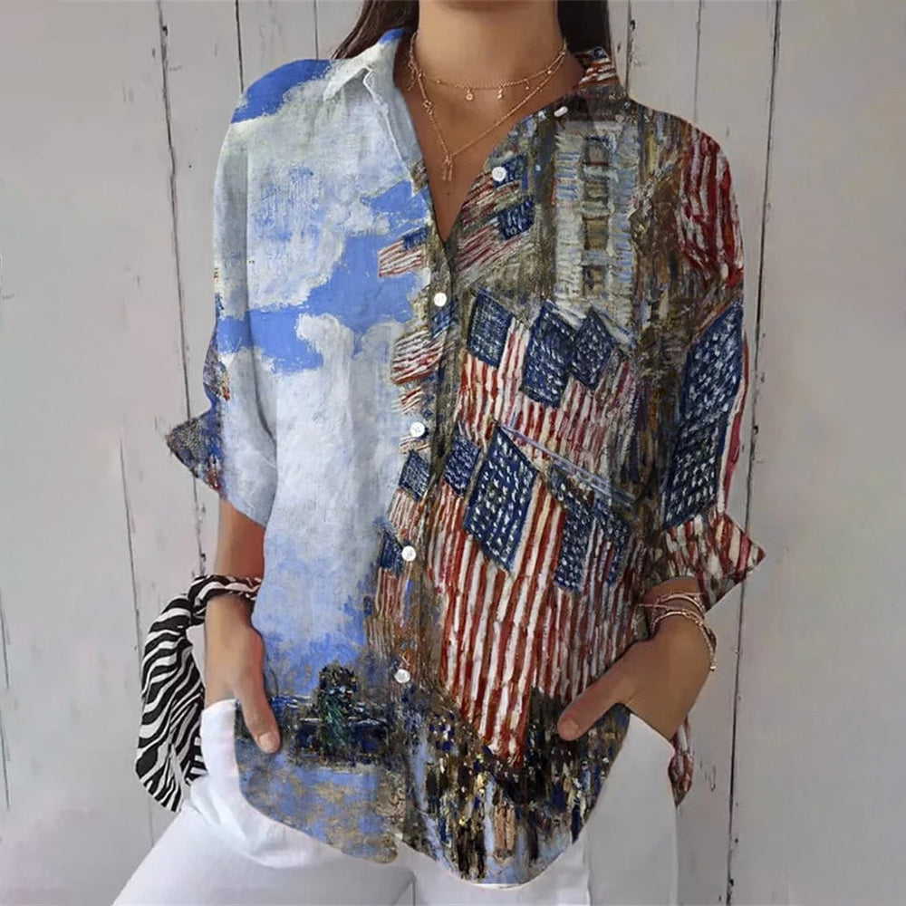Comstylish Independence Day Vintage Flag Print Women's Casual Shirt