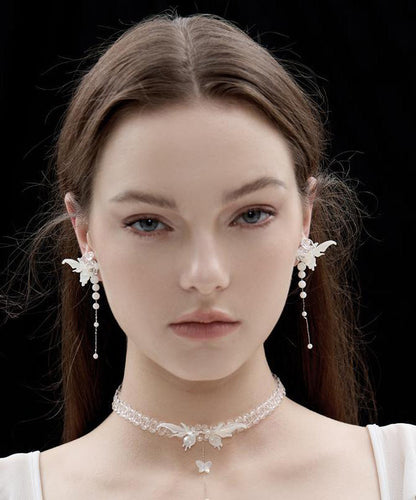 White Srerling Silver Butterfly Wings Tassel Drop Earrings