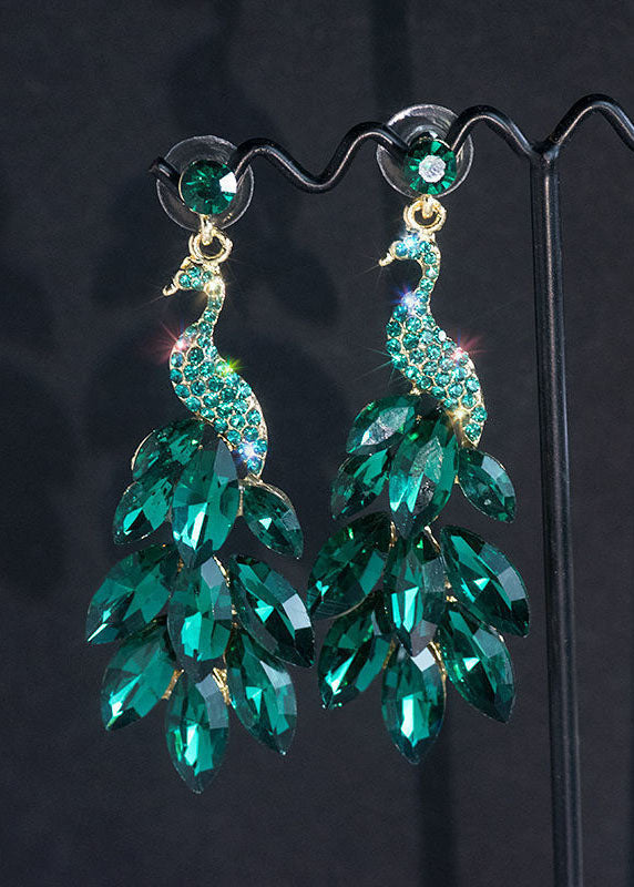 Green Crystal Peacock Flaunting Its Tail Drop Earrings
