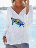Women'S Sea Turtle Solid Color Long Sleeve V Neck Casual Shirt