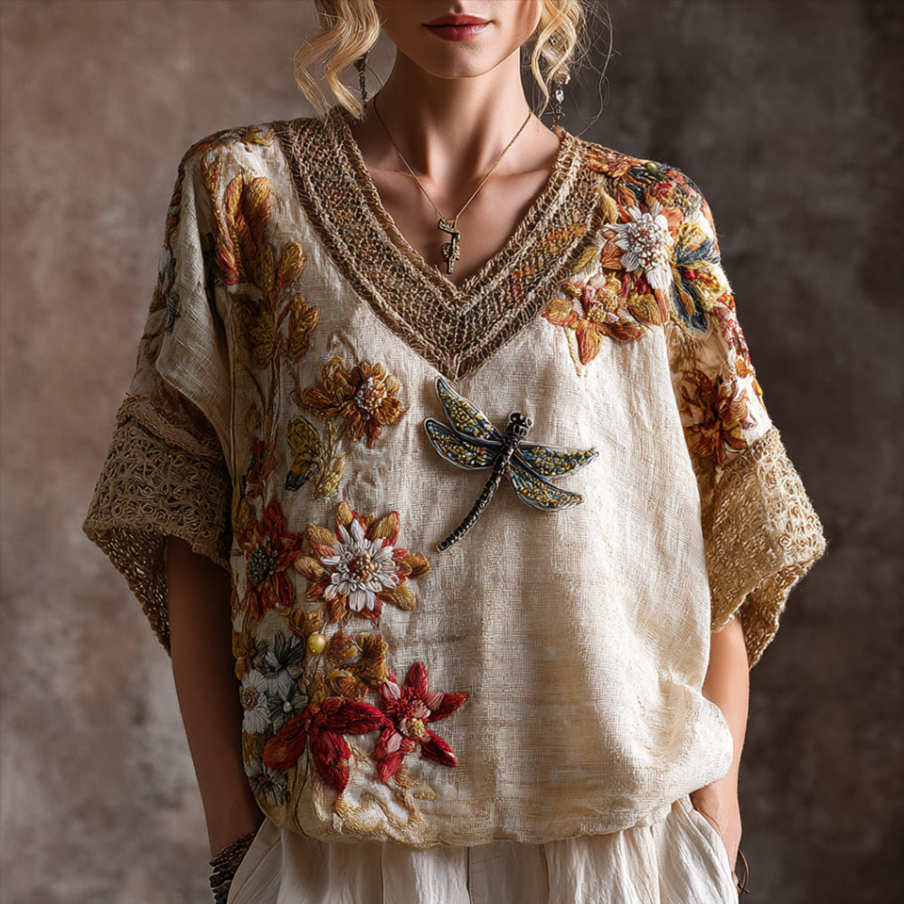 Bohemian Style Three-dimensional Dragonfly Embroidery Linen Texture Vintage V-neck Short-sleeved Shirt elevenforest