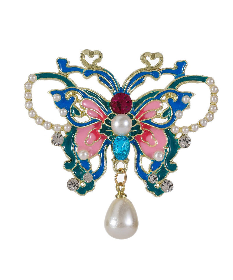 Chinese Style Blue Alloy Zircon Butterfly Pearl Hollow Out Hairpin