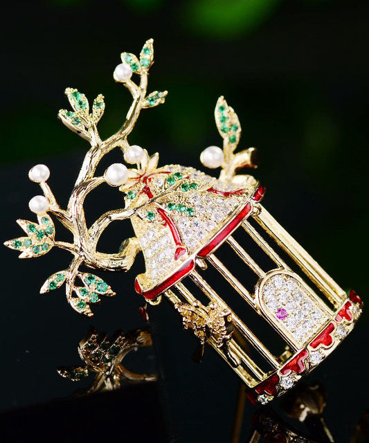 Yellow Zircon Crystal Pearl Bird Cage Brooches