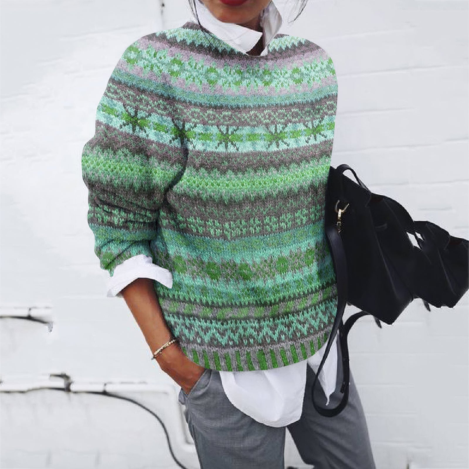 Vintage Ethnic Wavy Jacquard Contrasting Colors Printing Sweater artswardrobe