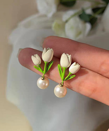 White Sterling Silver Alloy Pearl Tulip Stud Earrings