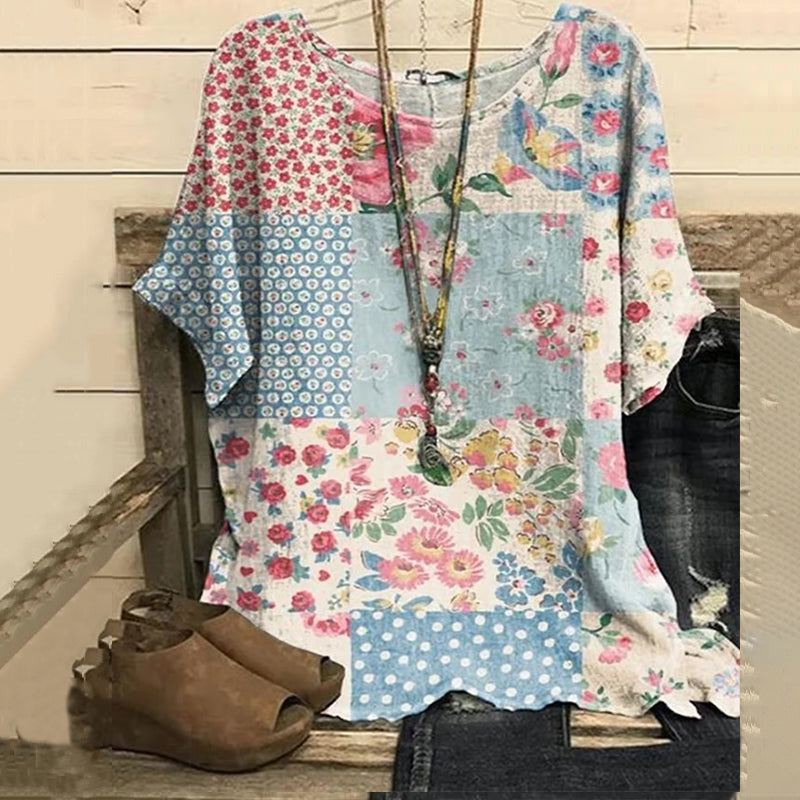 Floral Patchwork Art Print Casual Linen Blend Shirt elevenforest