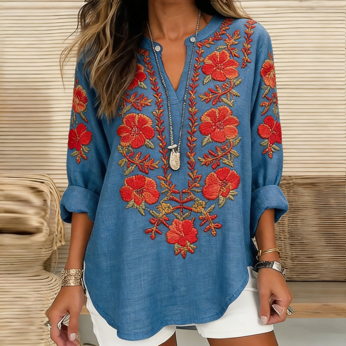 Women's Vintage Hibiscus Embroidered Linen V-neck Shirt elevenforest