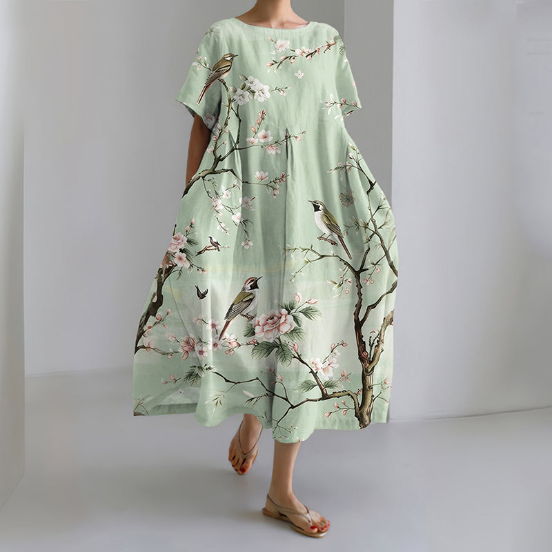 Women's Casual Japanese Floral And Bird Art Print Dress elevenforest