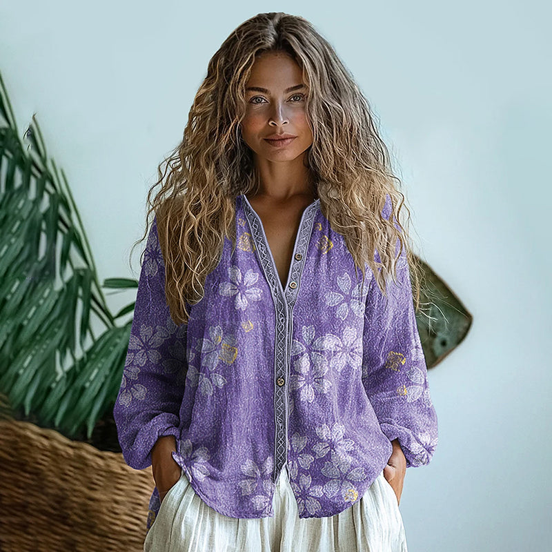 Bohemian Style Floral Linen Print  Long Sleeve Shirt elevenforest