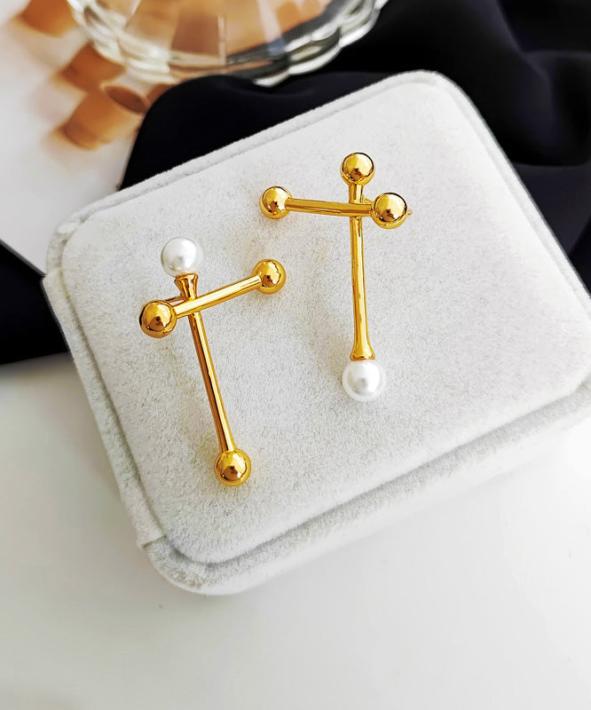 Gold Copper Overgild Asymmtricar Cross Glass Pearl Stud Earrings