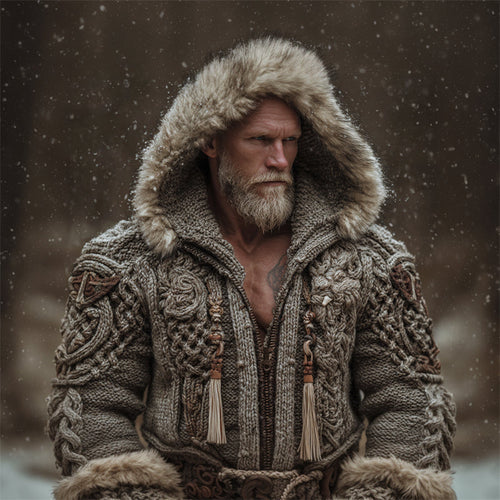 Men's Vintage Viking Celtic Knot Cozy Fur Hooded Cardigan elevenforest