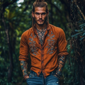 Men's Bohemian Embroidered Linen Button-down Long Sleeve Shirt elevenforest