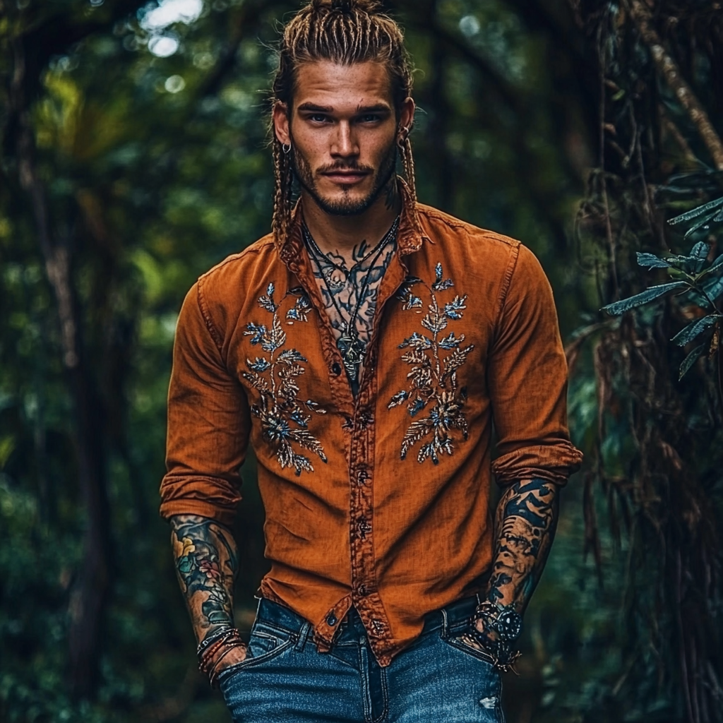 Men's Bohemian Embroidered Linen Button-down Long Sleeve Shirt elevenforest