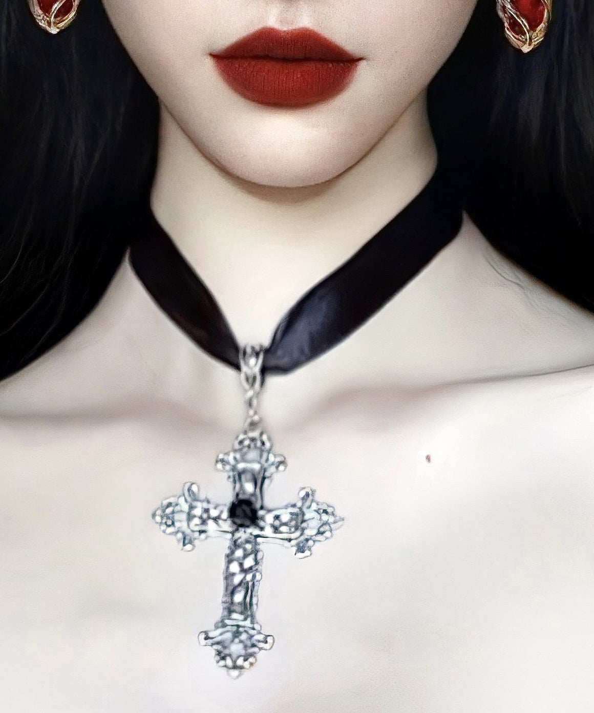 Black Genuine Leather Cross Pendant Necklace