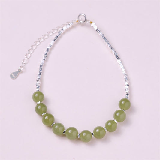 Buddha Stones 925 Sterling Silver Hetian Jade Bead Luck Chain Bracelet