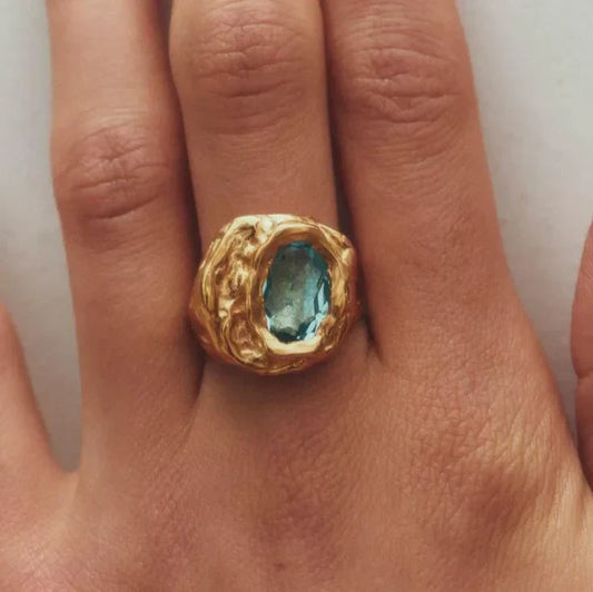 Turquoise Inlaid Stone Gold Forged Ring