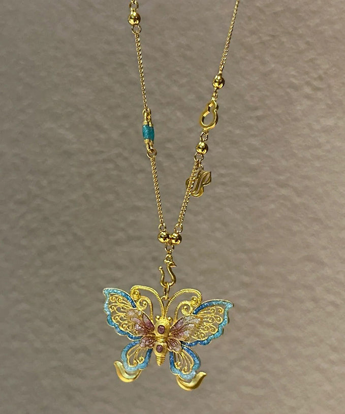 Gold Sterling Silver Overgild Butterfly Hollow Out Pendant Necklace
