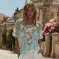 Women's Pink Rose Floral Pattern Casual Short Sleeve Crew Neck T-shirt elevenforest