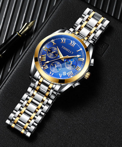 Fine Blue Black Stainless Steel Alloy Reinforced Glass Waterproof Watches