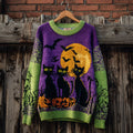Halloween Black Cat Color Clash Women's Knitted Sweater elevenforest
