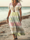 Women's Floral Stripe Pattern Art Print Pocket Cotton Dress