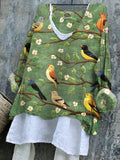 Women's Flower And Bird Embroidery Art Linen Blend Shirt elevenforest