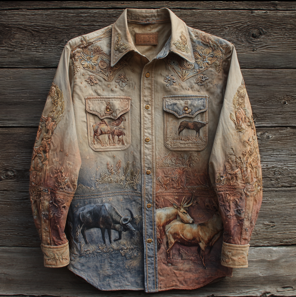 Western Cowboy Style Animal Elements Retro Cotton And Linen Men's Shirt elevenforest