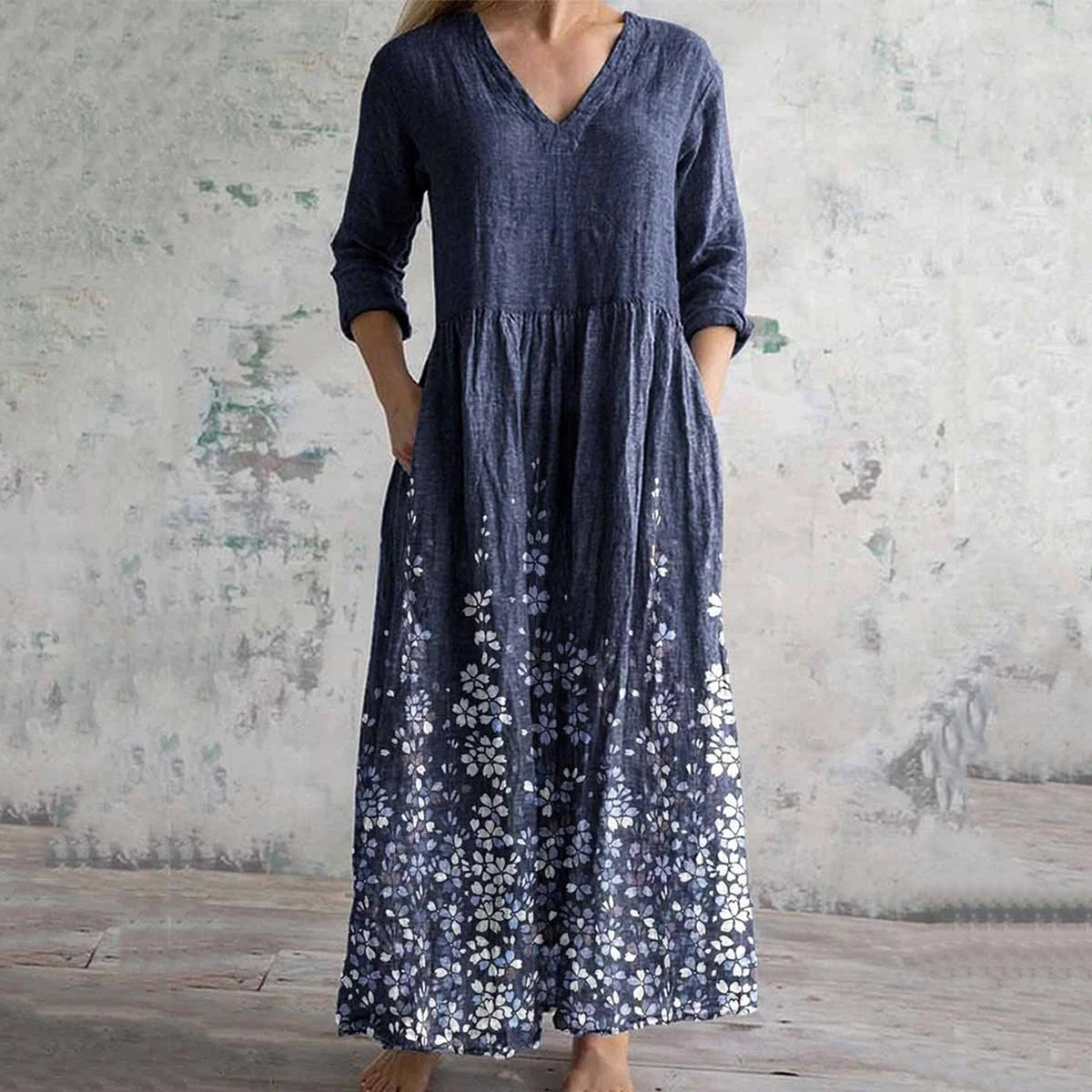 Comstylish Vintage Floral Art Print Women's Linen Dress
